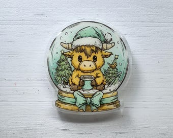Highland Cow Christmas Badge Reel, Snowglobe ID Holder, Teacher Nurse Gift