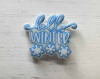 Hello Winter Badge Reel, Snowflake ID Holder, Teacher Gift, Festive Nurse Accessory