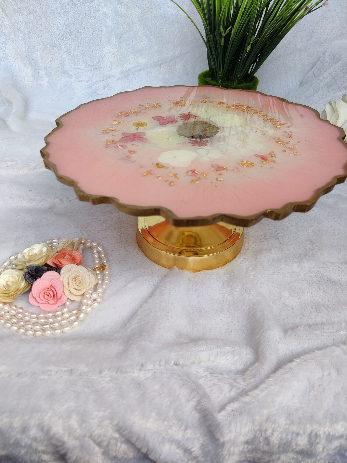 Pink Gold Resin Cake Stand Floral Fruit Serving Stand Etsy