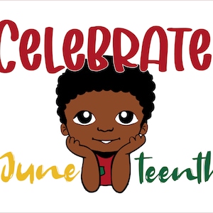 Puede incluir: Una ilustración de un joven negro con una camisa roja, sonriendo y mirando hacia arriba. El texto "Celebrate Juneteenth" está escrito en amarillo, verde y rojo.