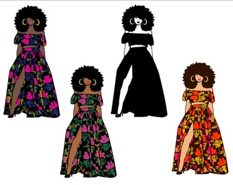 Woman Bundle svg, Black woman clipart avatar, Ankara multi-color, fashion graphics, sublimation boss afro, Multicolor African Fabric