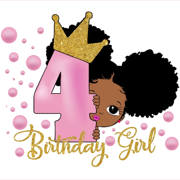 Peekaboo girl with puff afro ponytails svg, 4th Birthday SVG, Fourth Birthday SVG, 4th Birthday Girl SVG, sublimationr, birthday girl