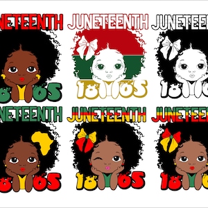 Puede incluir: Seis ilustraciones digitales de una niña negra con el pelo rizado, que lleva un lazo y una camisa amarilla. Cada ilustración tiene el texto "Juneteenth 1865" en letras rojas, verdes y amarillas.