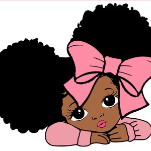 パフアフロポニーテールのピーカブーガール svg、かわいい黒人アフリカ系アメリカ人の子供たち Svg PNG カットファイル CricuT、アフリカ系アメリカ人のクリップアート、リボン
