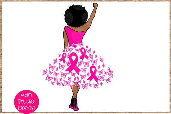 Womens Afro Black Woman Pink Ribbon Dress Breast Cancer Awareness T-Shirt Womens Afro Black Woman Pink Ribbon Dress Breast Cancer Awareness T-Shirt