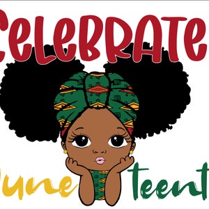 Puede incluir: Ilustración de una niña negra con un turbante de patrones verdes, rojos y amarillos. La niña sonríe y tiene las manos en la barbilla. El texto "Celebrate Juneteenth" está escrito en amarillo, rojo y verde.
