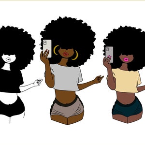 Woman Bundle svg, Selfie Natural Curly, Afro Girl, Curvy girl clipart, Fashion girl clipart, Jeans Girl Clipart, African American clipart