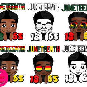 May include: Six digital illustrations of a cartoon Black child with different colored backgrounds and text. The text says "Juneteenth 1865".