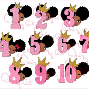 paquet fille d’anniversaire, fille Peekaboo avec queues de cheval afro bouffantes svg, 1er anniversaire SVG, premier anniversaire, fille de 1er anniversaire, anniversaire princesse Svg