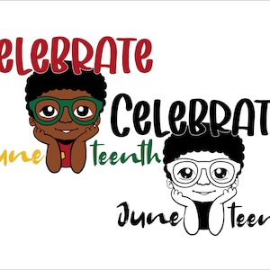 Puede incluir: Gráfico de Celebrate Juneteenth con dos ilustraciones de niños con gafas. La ilustración superior es de un niño con piel morena, gafas verdes y una camisa roja. La ilustración inferior es de un niño con cabello negro y gafas negras. Ambas ilustraciones tienen el texto "Celebrate Juneteenth" encima.