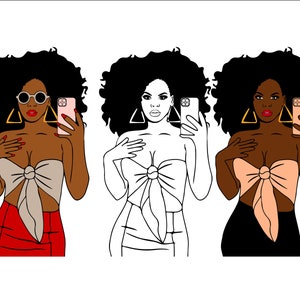 Woman Bundle svg, Selfie Natural Curly, Afro Girl, Curvy girl clipart, Fashion girl clipart, African American