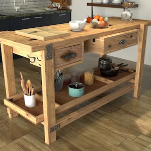 May include: A rustic wooden kitchen island with two drawers, a lower shelf, and a butcher block top. The island is made of reclaimed wood and has a natural finish. It features metal accents and is perfect for a farmhouse kitchen.