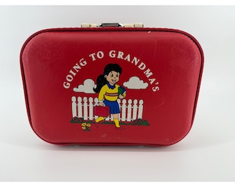 Vintage Going To Grandma's Red Suitcase Kids Travel Case Mid Century Toy Box