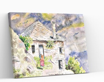 Rustic Art Print for instant download, Printable Wall Decor of old house and lady for holiday home or farmhouse