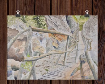 Wooden bridge Print, Mountain Wall Art, Nature Print, Watercolor Art Prints, Printable Wall Art, Digital Download, Prints Art