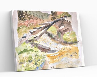 Mountain Spring digital download art. Watercolor painting printable art, wooden bridge, print at home