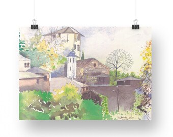 Countryside Art Print, Printable Wall Decor of Kosovo Village Painting for Instant Download for Rustic Home