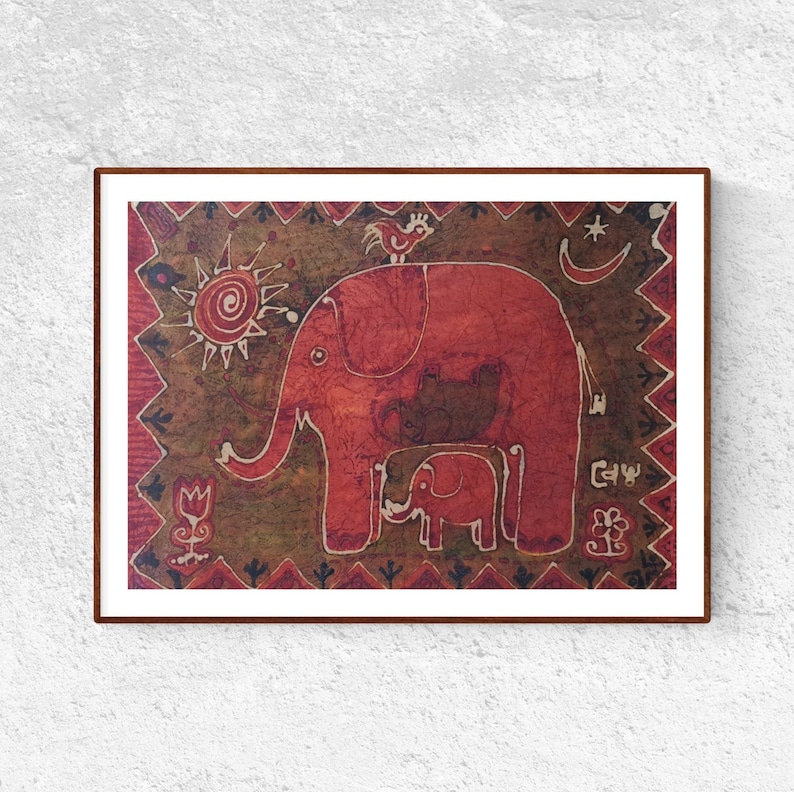 Elephant Batik painting Animal Motherhood Art Elephant Wall image 1
