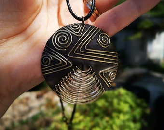 Large Round Pendant Tribal Brass Pendant Necklace Boho jewelry with a cord