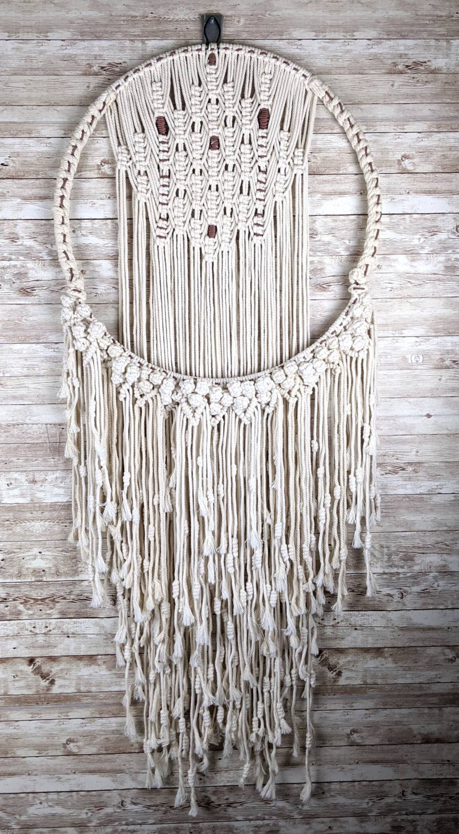Large Round Ivory Macrame Wall Hanging with Vintage Leather Etsy