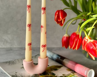 Bow Detailed Hand-Painted Pillar Candles and the Pink U shape candle holder gift set