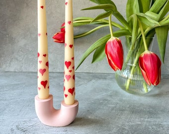 Heart Detailed Hand-Painted Pillar Candles and the Pink U shape candle holder gift set