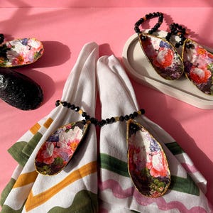 Set of 2 Handmade Floral Shell Napkin Rings with Black Beads