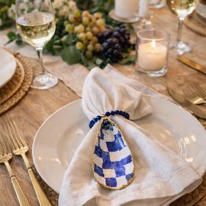 Handmade Oyster Shell Napkin Rings Set of 2, Blue White Coastal Table Decor, Gold Trim Shell Napkin Holders, Beach House Dining Gift