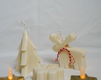 Set Di 3 Candele Natalizie In Cera Di Soia Artigianali - Profumo Vaniglia, Forme Albero, Renna E Fiocco Di Neve - Ideale Per Centrotavola E Regalo