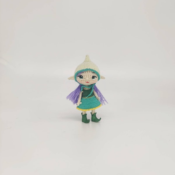 Miniature gnome doll Crochet amigurumi tiny fairy doll in beanie cap and elf ears Purple hair and elves shoes Pixie elf girl in green dress