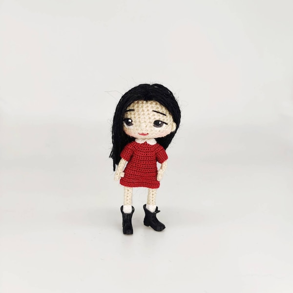 Doll in a school uniform business burgundy dress with a white collar and black brutal boots