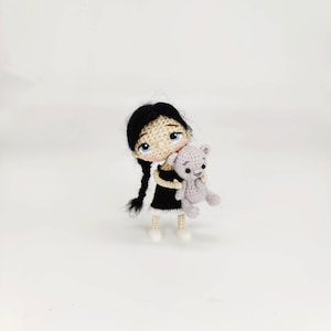 Miniature crochet doll with tiny gray bear in black short dress and black hair Little girl wirh friend for dollhouse