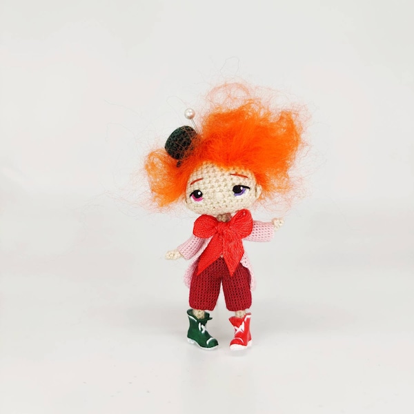 Crazy mad hatter tiny man with red hair from Alice in Wonderland amigurumi boy