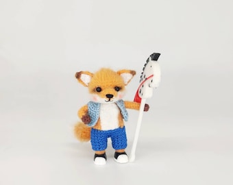 Miniature red fox amigurumi figurine standing micro crochet animal for dollhouse - mini toy for doll fairy garden accessories