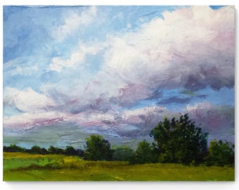 Original painting 8x6 Summer abstract Landscape textured Green landscape Clouds Blue Sky