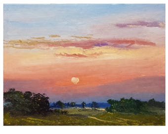 7x9 original painting country landscape orange red purple sunrise sunset Oil on canvas on hardboard bushes fields trees sun