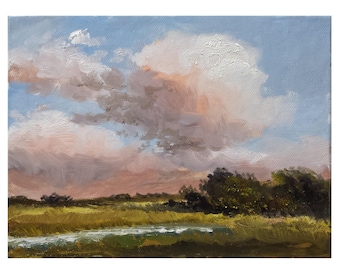 Oil original painting Landscape 6x8 meadow sky beige clouds country fields bushes river on canvas on hardboard