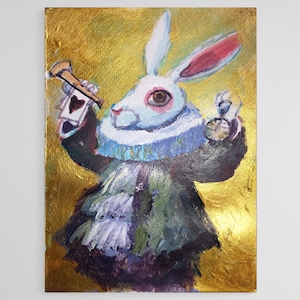 May include: An oil painting of the White Rabbit from Alice in Wonderland. The rabbit is white with pink-lined ears, wearing a blue and white ruffled collar and a dark coat. It holds a pocket watch and a playing card.