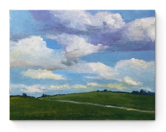 Original oil painting 8x6 green field white clouds on canvas on hardboard