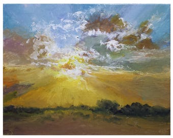 Original oil painting 7x9 landscape yellow sunrise sunset clouds blue sky field