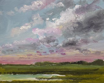 Oil original Painting on stretched canvas 9x7 Landscape Pink white Gray clouds green meadow lake