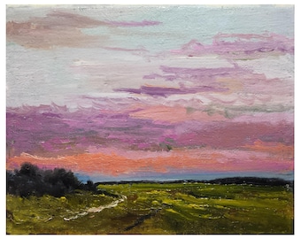 7x5 inch Oil Original Landscape Painting Lilac purple Clouds Sunrise Sunset green grass bushes blue sky