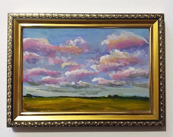 Original painting oil 4x6 pink clouds blue sky country landscape