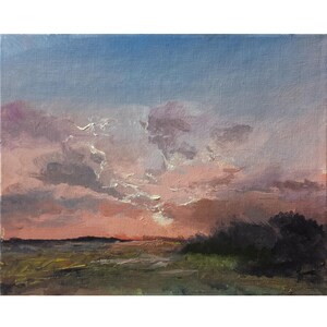 Peinture à l'huile originale 9x7 (23x18) sur toile Paysage coucher de soleil campagne lever de soleil nuage ciel rose buissons brun gris vallée
