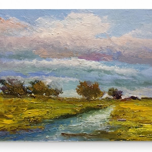 Peinture originale : paysage rural, rivière, arbres, herbe sèche, 15 x 20 cm, huile sur toile, nuages, eau, texture neutre, style champêtre