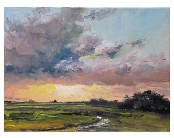 Oil original painting 6x8on canvas neutral landscape beige clouds blue sky river bushes green valley sunrise sunset