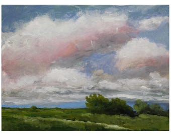 Oil original painting 6x8 clouds pink blue sky green field road meadow on canvas on hardboard