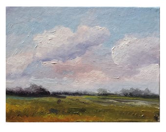 Oil original painting on custom Country landscape on canvas fields clouds