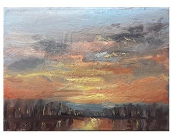 Oil original painting 7x9 cityscape abstract sunset sunrise beige pink cloudy sky on canvas