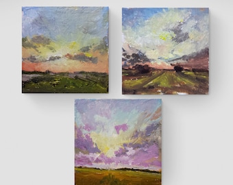 3 in 1 oil original painting each 4x4 inch landscape beige clouds sunrise sunset sky
